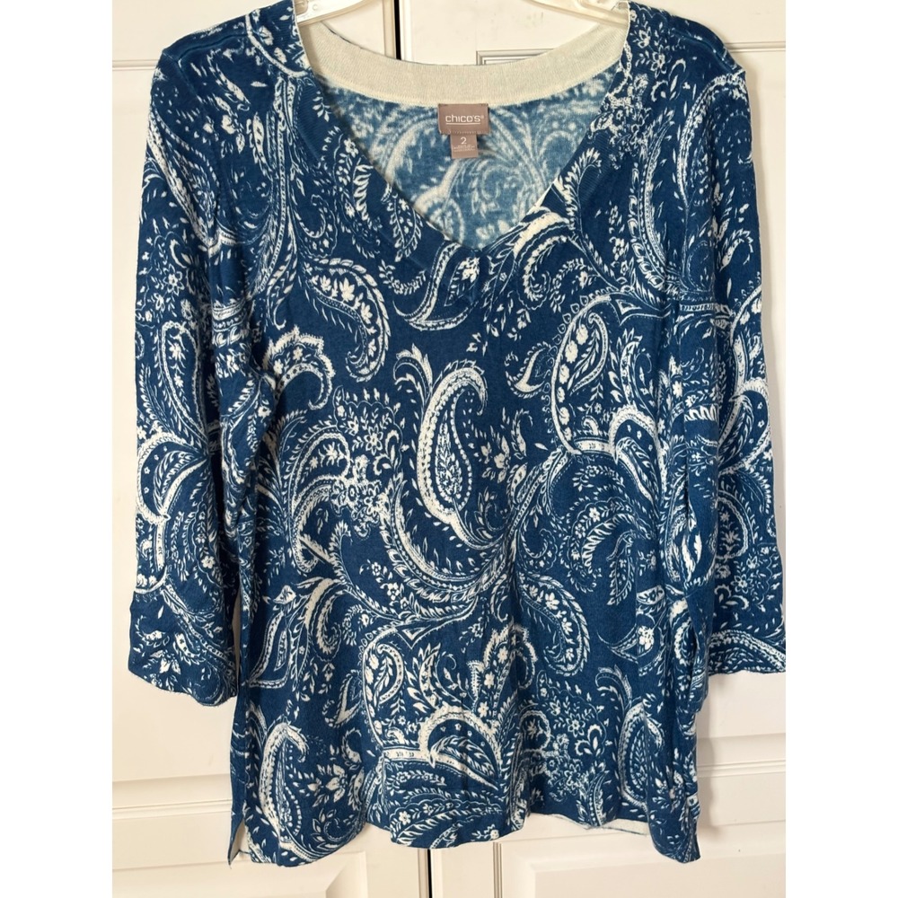Chicos Blue White Paisley V-Neck Sweater 3/4 Sleeve Cashmere Blend Size L